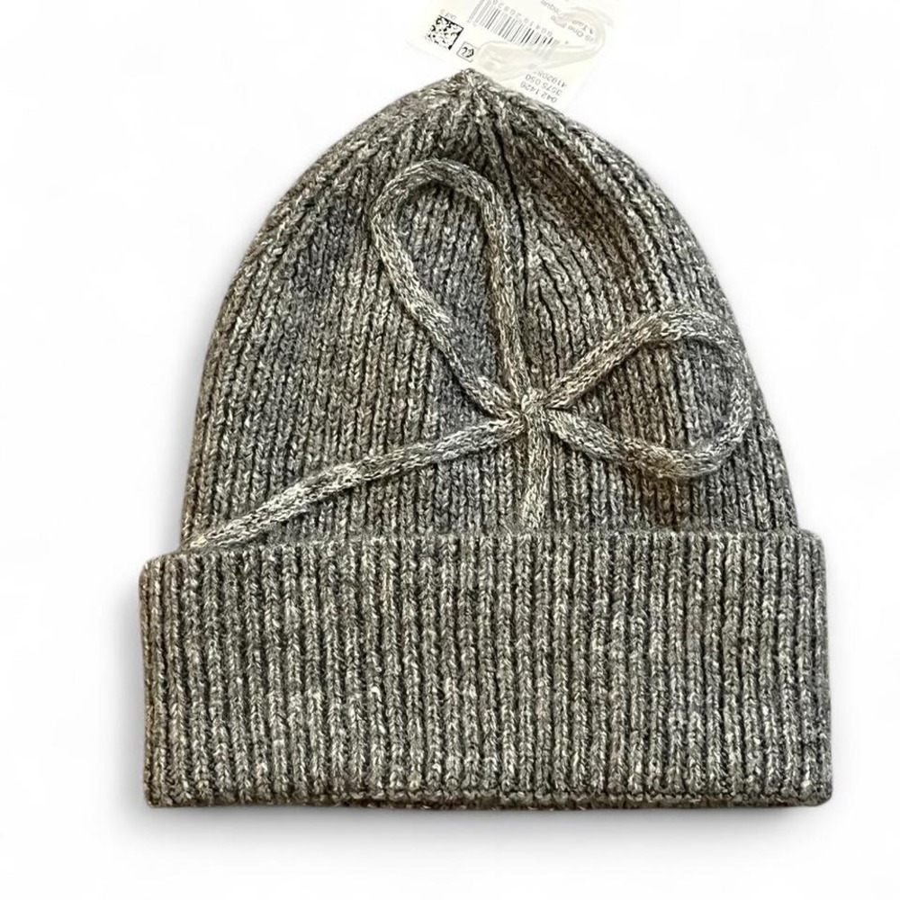 NWT American Eagle Gray Bow Knit Beanie • Ribbed Wool Blend Winter Hat